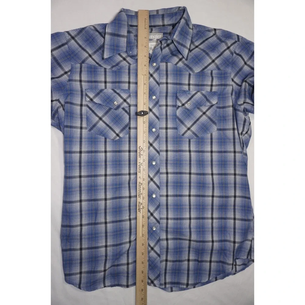 Wrangler Large Short Sleeve Blue Plaid Wrancher Western Snap Shirt